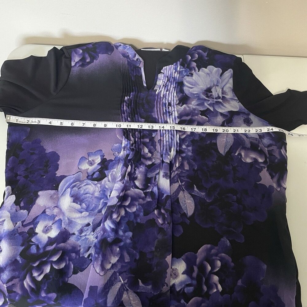 Susan Graver  Pintuck Sheer Popover Blouse XL Black Purple Floral Flowy Office - Picture 9 of 11